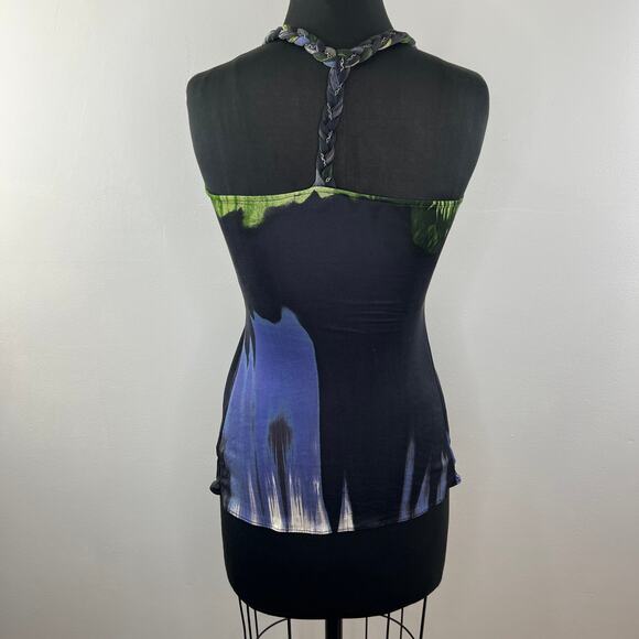 SKY Black Multi Abstract Silk Braided Halter Beaded Sleeveless Top VTG Y2K XS - Picture 4 of 7